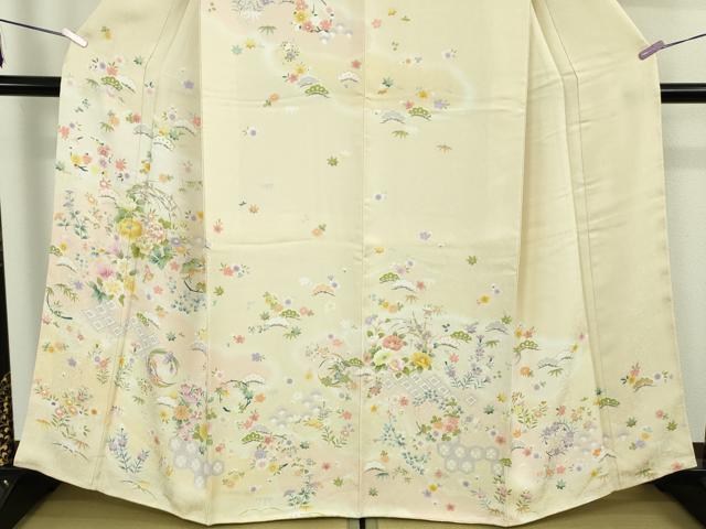 平和屋本店●極上 訪問着 駒刺繍 松竹梅 花丸文 鳥の子色地 暈し染め 反端付き 逸品 未使用 DZAB6825kh6
