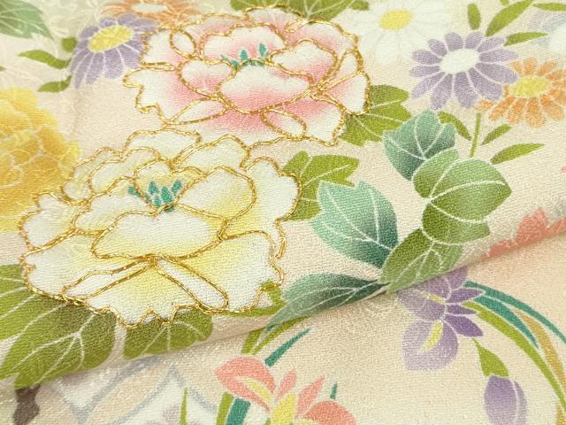平和屋本店●極上 訪問着 駒刺繍 松竹梅 花丸文 鳥の子色地 暈し染め 反端付き 逸品 未使用 DZAB6825kh6