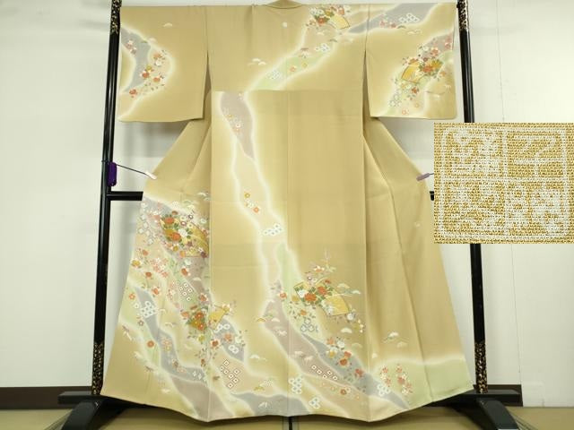 平和屋本店●極上 創業460年・千總 訪問着 駒刺繍 地紙吉祥花文 濃い蒸栗色地 暈し染め 金彩 大丸扱い 逸品 DZAB6344kh6