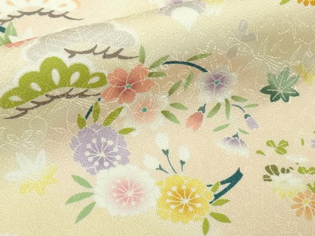 平和屋本店●極上 訪問着 駒刺繍 松竹梅 花丸文 鳥の子色地 暈し染め 反端付き 逸品 未使用 DZAB6825kh6