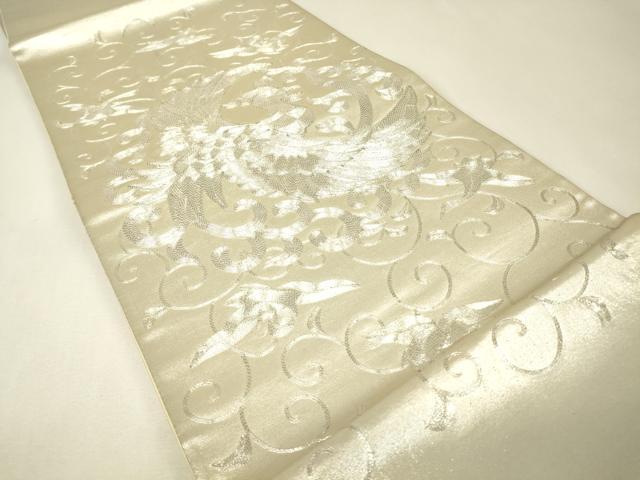 平和屋着物▼太鼓柄袋帯 駒刺繍 総刺繍 鳳凰唐草文 銀糸 正絹 逸品 DABK4087az