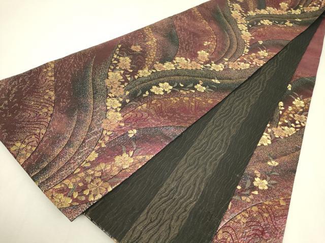 平和屋着物▼両面 六通柄袋帯 舞桜文 金糸 正絹 逸品 DABK4124az