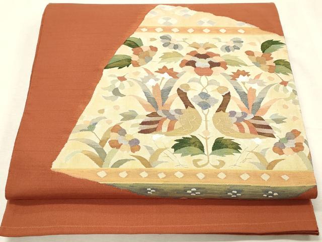 平和屋着物◎六通柄袋帯 すくい織 向かい鳥花文 正絹 逸品 DABK9524cd