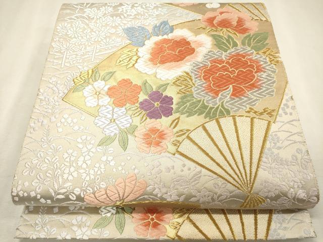 平和屋着物◎六通柄袋帯 唐織 扇面花文 金銀糸 正絹 逸品 DABK1504cd