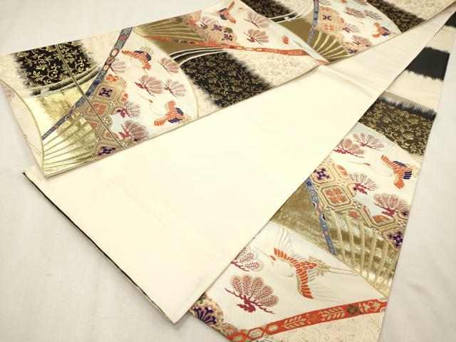 平和屋着物◎六通柄袋帯 扇面飛鶴松文 金銀糸 正絹 逸品 DABK1500cd