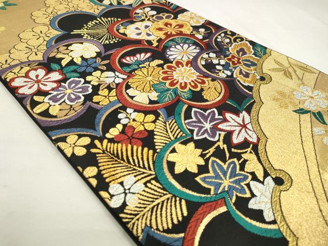 平和屋着物◎六通柄袋帯 唐織 舞花文 黒地 ラメ糸 金糸 正絹 逸品 DABK8551cm