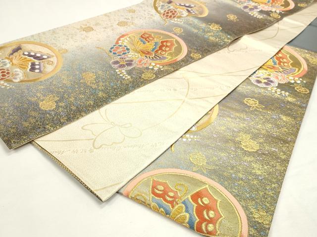 平和屋着物◎両面 六通柄袋帯 唐織 舞蝶花文 金銀糸 正絹 逸品 DABK8543cm