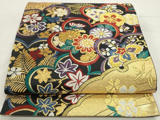 平和屋着物◎六通柄袋帯 唐織 舞花文 黒地 ラメ糸 金糸 正絹 逸品 DABK8551cm