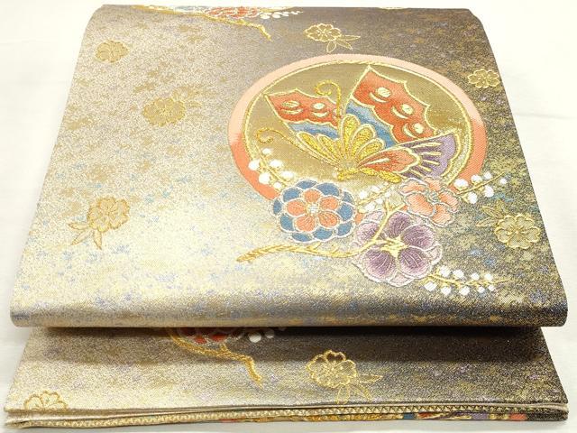 平和屋着物◎両面 六通柄袋帯 唐織 舞蝶花文 金銀糸 正絹 逸品 DABK8543cm