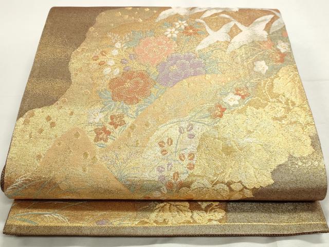 平和屋着物◎光悦佐賀錦 六通柄袋帯 飛鳥花文 金糸 正絹 逸品 DABK8546cm