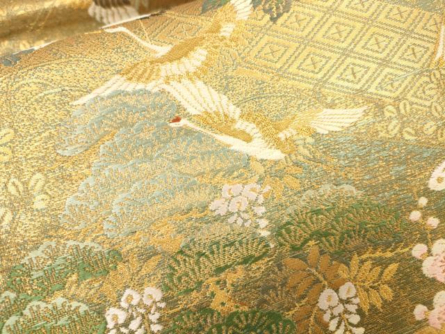 平和屋着物▼西陣 やまひで謹製 六通柄袋帯 唐織 群鶴花文 峰鶴彫金 証紙付き 正絹 逸品 未使用 DABJ7599fe