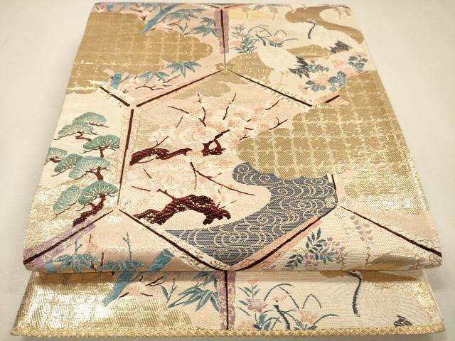 平和屋着物▼六通柄袋帯 唐織 光輝雅錦 亀甲群鶴花文 金箔 正絹 逸品 DABJ7714fe