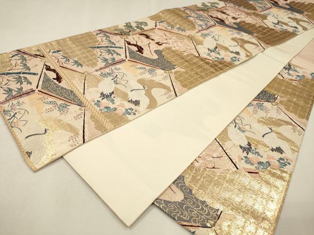 平和屋着物▼六通柄袋帯 唐織 光輝雅錦 亀甲群鶴花文 金箔 正絹 逸品 DABJ7714fe