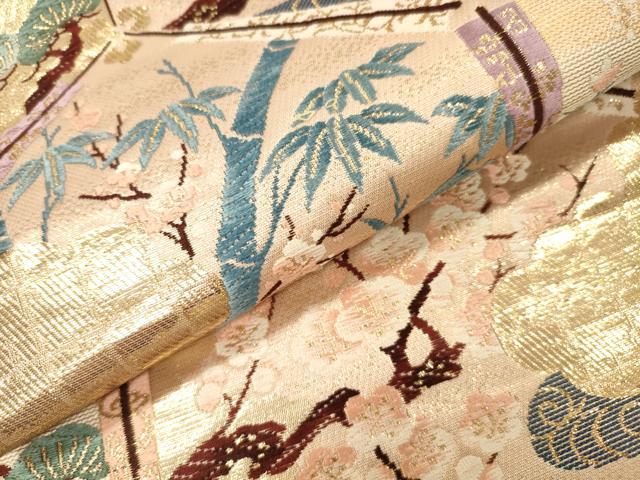平和屋着物▼六通柄袋帯 唐織 光輝雅錦 亀甲群鶴花文 金箔 正絹 逸品 DABJ7714fe