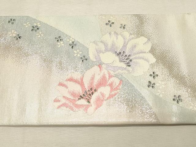 平和屋着物◎九寸名古屋帯 草花文 ラメ糸 銀糸 正絹 逸品 DABJ5874qp
