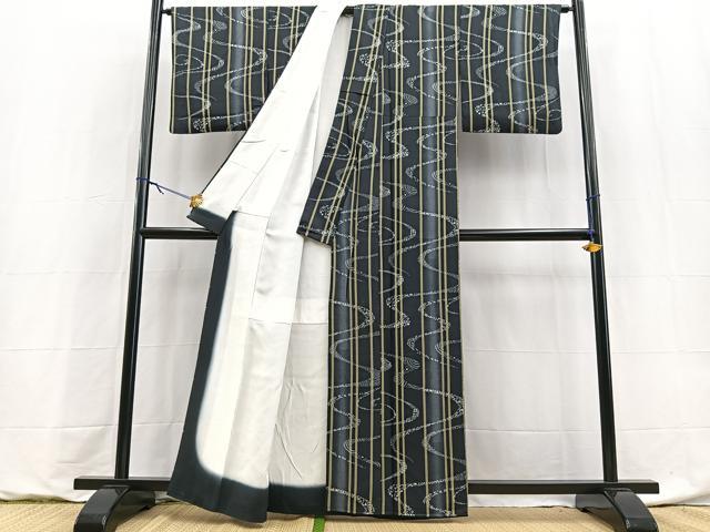 平和屋着物■上質な小紋 流水花文 暈し染め 黒地 正絹 逸品 BAAY9155yc