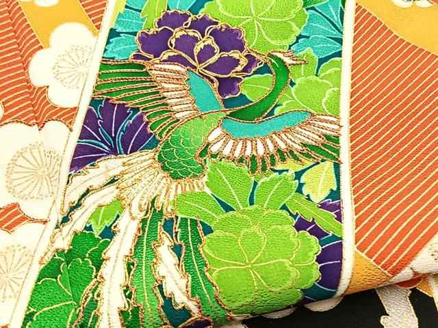 平和屋着物●豪華振袖 駒刺繍 鳳凰草花文 黒地 金彩 正絹 逸品 BAAY9185yc