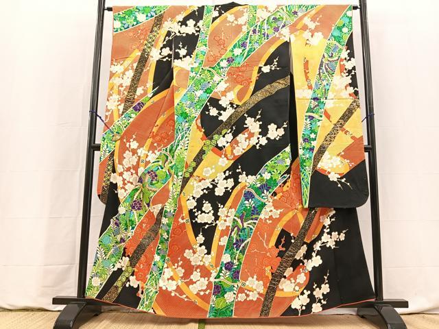平和屋着物●豪華振袖 駒刺繍 鳳凰草花文 黒地 金彩 正絹 逸品 BAAY9185yc