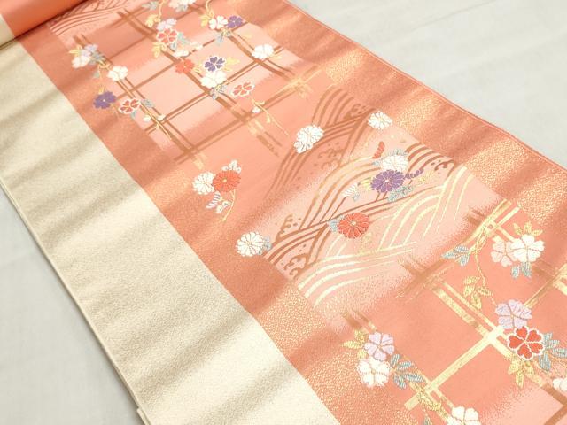 平和屋着物▼西陣 名古屋帯 帯反物 格子花文 金糸 証紙付き 逸品 未使用 DABJ9672we
