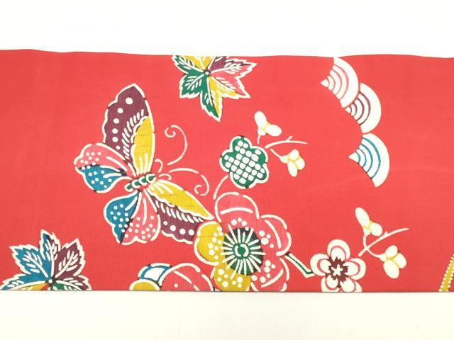 平和屋着物◎塩瀬 全通柄九寸名古屋帯 型染め 舞蝶花文 正絹 逸品 DABK8573cm