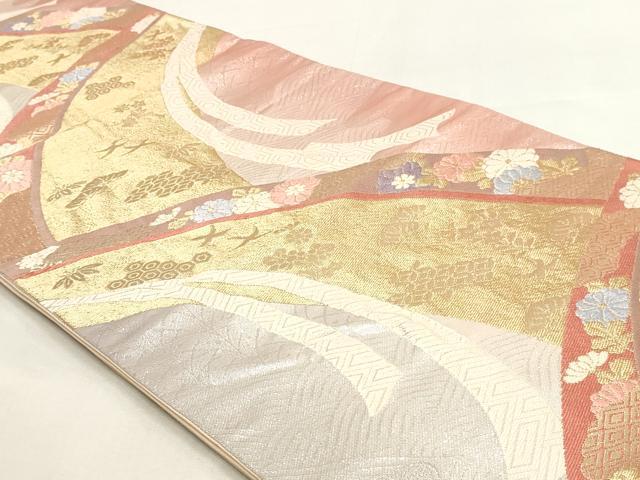 平和屋着物◎六通柄袋帯 唐織 吉祥花熨斗文 金銀糸 正絹 逸品 DABK8565cm