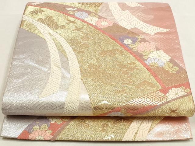 平和屋着物◎六通柄袋帯 唐織 吉祥花熨斗文 金銀糸 正絹 逸品 DABK8565cm