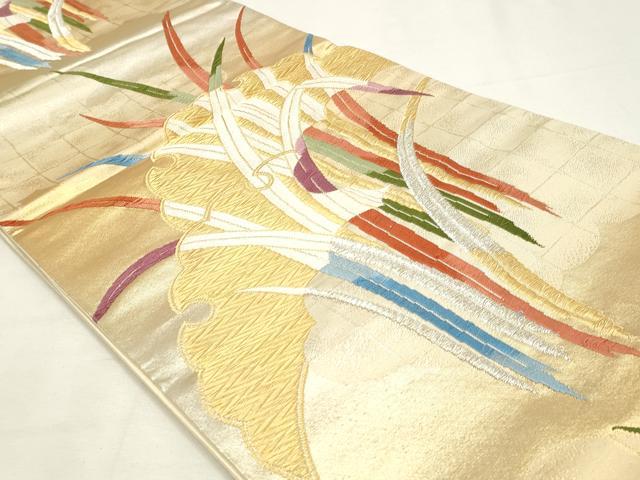 平和屋着物◎六通柄袋帯 唐織 雪輪草葉文 金銀糸 正絹 逸品 DABK8596cm