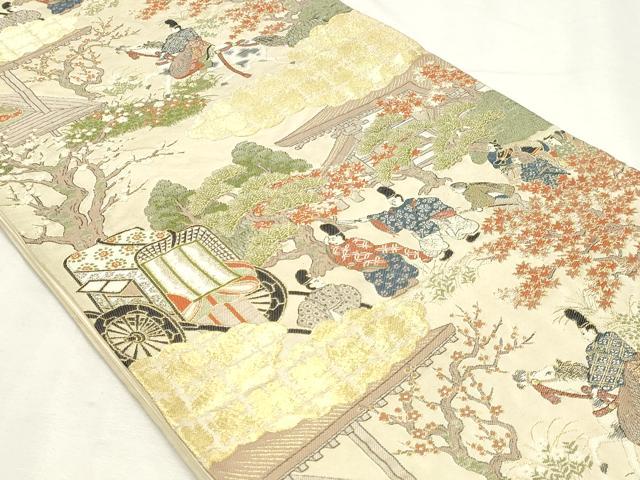 平和屋着物◎六通柄袋帯 御所車人物風景文 金糸 正絹 逸品 DABK8594cm