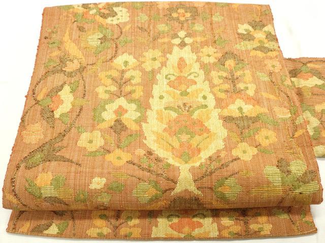 平和屋着物◎八寸名古屋帯 紬地 更紗花文 正絹 逸品 DABK8589cm
