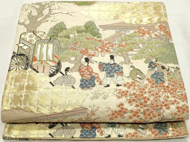平和屋着物◎六通柄袋帯 御所車人物風景文 金糸 正絹 逸品 DABK8594cm