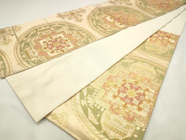平和屋着物◎六通柄袋帯 洋花文 金糸 正絹 逸品 DABK8609cm