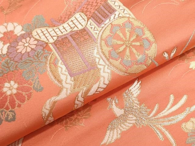 平和屋着物▼西陣 名古屋帯 帯反物 御所車花鳥文 証紙付き 逸品 未使用 DABJ9674we