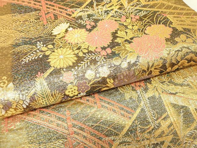 平和屋着物▼六通柄袋帯 渡り橋風景花文 金糸 正絹 逸品 DABK4427az