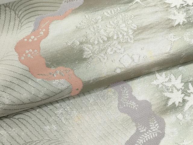 平和屋着物▼西陣 真下織物謹製 名古屋帯 帯反物 立波花鳥文 金銀糸 証紙付き 逸品 未使用 DABJ9847we