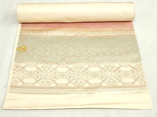 平和屋着物▼西陣 竹本正典謹製 名古屋帯 帯反物 花唐草間道 金糸 証紙付き 逸品 未使用 DABK9180zy