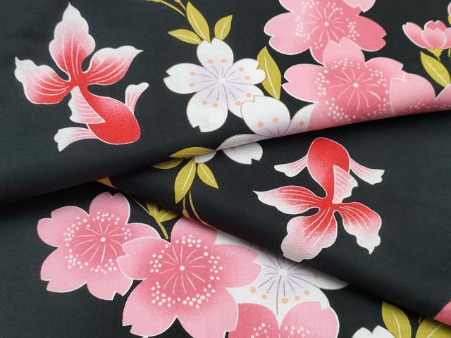 平和屋着物∴夏物 浴衣 金魚 舞桜 黒地 綿 逸品 CABM2659ng