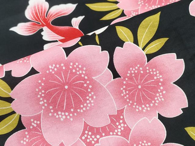 平和屋着物∴夏物 浴衣 金魚 舞桜 黒地 綿 逸品 CABM2659ng