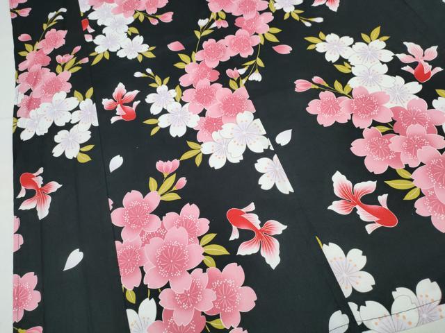 平和屋着物∴夏物 浴衣 金魚 舞桜 黒地 綿 逸品 CABM2659ng