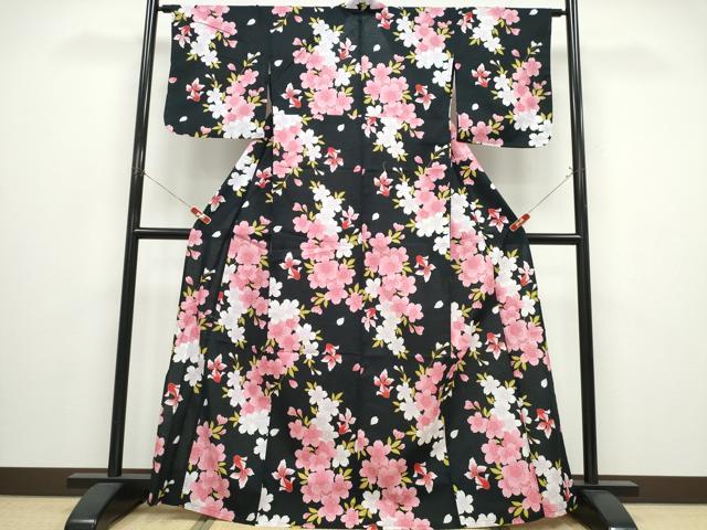 平和屋着物∴夏物 浴衣 金魚 舞桜 黒地 綿 逸品 CABM2659ng
