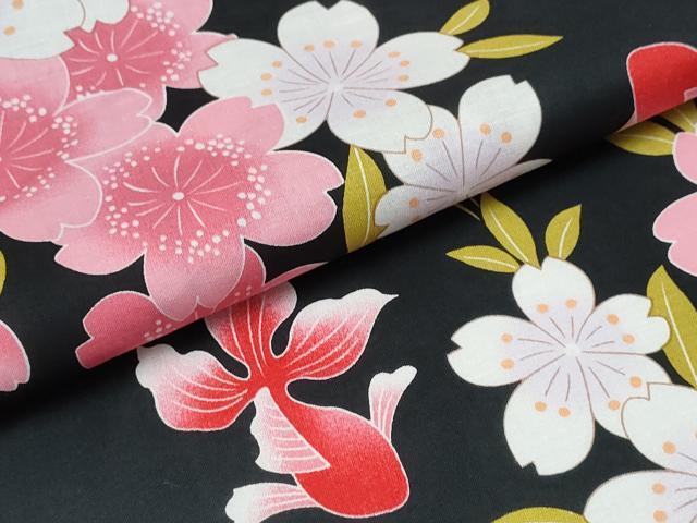 平和屋着物∴夏物 浴衣 金魚 舞桜 黒地 綿 逸品 CABM2659ng