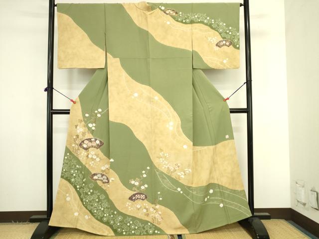 平和屋着物●十日町 名門 滝泰謹製 訪問着 絞り 地紙花文 金彩 正絹 逸品 DABK2799op