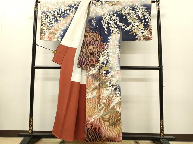 平和屋着物●訪問着 飛鶴枝垂れ桜文 暈し染め 金彩 正絹 逸品 DABK7868du