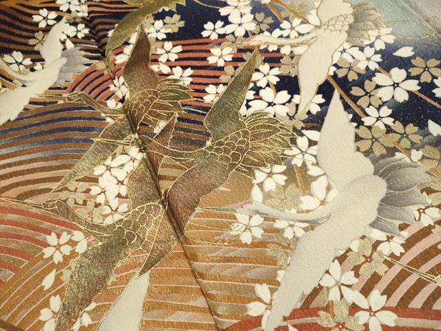 平和屋着物●訪問着 飛鶴枝垂れ桜文 暈し染め 金彩 正絹 逸品 DABK7868du