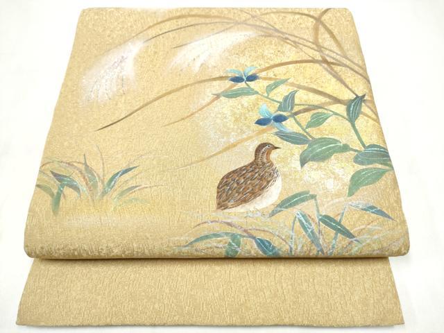 平和屋着物●友禅作家の巨匠 浅井青仁 太鼓柄袋帯 休み鳥枝葉文 金糸 正絹 逸品 CABN2678hy
