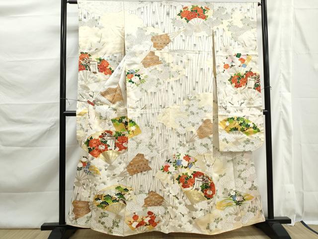 平和屋着物■豪華振袖 駒刺繍 扇面御所車花文 金彩 正絹 逸品 DABK6381qa