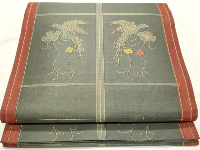 平和屋着物◎六通柄袋帯 花鳥文 金糸 正絹 逸品 DABK8685cm