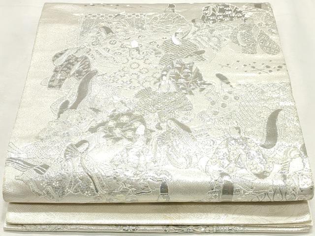 平和屋着物◎太鼓柄袋帯 平安人物文 銀糸 正絹 逸品 DABK8673cm