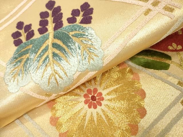 平和屋着物▼中国三大刺繍 相良刺繍 総刺繍 太鼓柄袋帯 駒刺繍 天井花文 金糸 正絹 逸品 未使用 DABJ7957fe