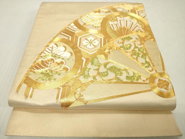 平和屋着物▼太鼓柄袋帯 駒刺繍 総刺繍 扇面舞蝶花丸文 金糸 正絹 逸品 DABJ7958fe