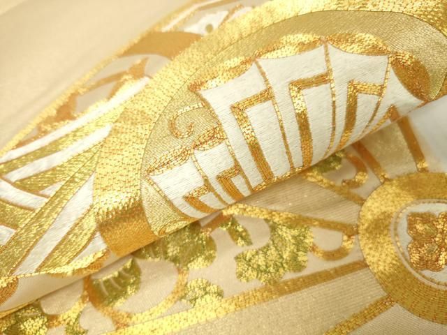 平和屋着物▼太鼓柄袋帯 駒刺繍 総刺繍 扇面舞蝶花丸文 金糸 正絹 逸品 DABJ7958fe